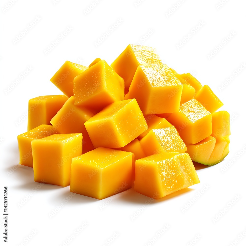 A close-up of a fresh, diced mango slice, a delicious and healthy tropical fruit. Isolated on a white background A close-up of a fresh, diced mango slice, a delicious and healthy tropical fruit. Isolated on a white background