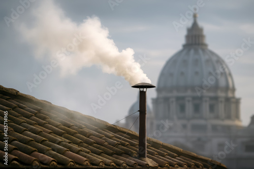 White smoke rises from the chapel chimney, indicating the successful election of a new pope during the papal conclave.