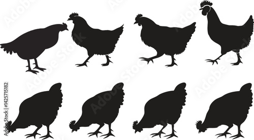 Silhouettes of chickens, black and white illustration, farm animals, poultry lineup, hen outlines, rooster shapes, fowl profiles, minimalist bird design, agricultural motif, rustic artwork, barnyard s