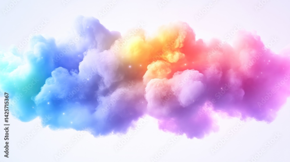 Fototapeta premium Colorful clouds blending vibrant hues of blue, purple, yellow, orange, and pink, creating an abstract artistic composition against a soft white background, and dreamy and surreal atmosphere.