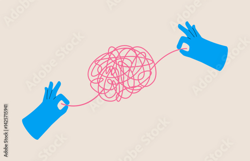 Solving problem concept. Two hands pull on tangled threads. Colorful vector illustration