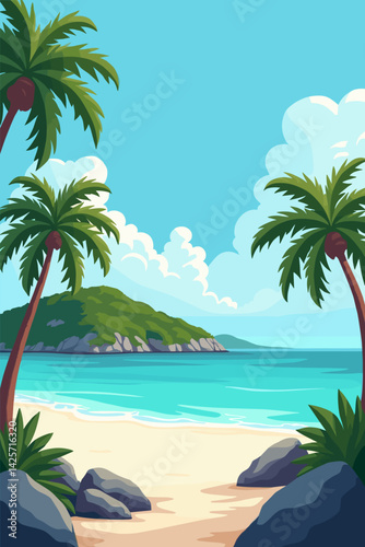 Tropical beach with multiple palm trees and distant island over turquoise sea. Exotic paradise vector illustration