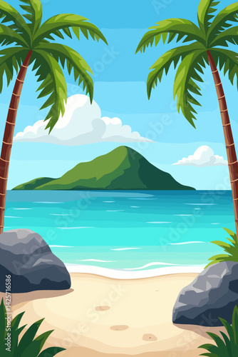 Tropical beach view framed by two palm trees. Calm sea and island in the distance. Flat vector illustration