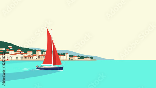 Minimal vector of a red sailboat sailing past a coastal town. Peaceful Mediterranean travel concept
