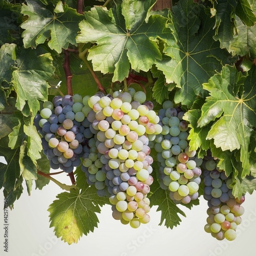 Wallpaper Mural The image depicts a realistic group of green grapes hanging from a vine, adorned with lush green leaves, high detail, natural lighting, and a white background. Torontodigital.ca