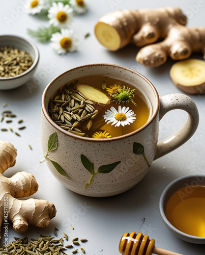 Digestive herbal tea for intestines: fennel, ginger root, chamomile flowers, honey in ceramic mug, clean wellness background, soft cozy light, functional medicine
