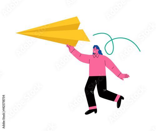 Business woman throwing a big paper plane. Start new business concept. Flat vector illustration isolated on white background