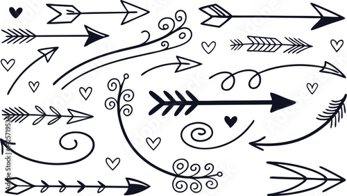 Hand-drawn arrows, doodle elements, black and white illustration, decorative arrows, swirls, hearts, sketchy style, vector graphics, directional symbols, whimsical design, tribal arrows, curly arrows,