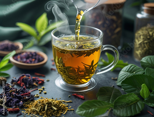 Herbal infusion poured into glass cup, visible steam, dried herbs and fresh leaves, eco-friendly environment, detoxification, functional medicine, wellness, natural healing photo