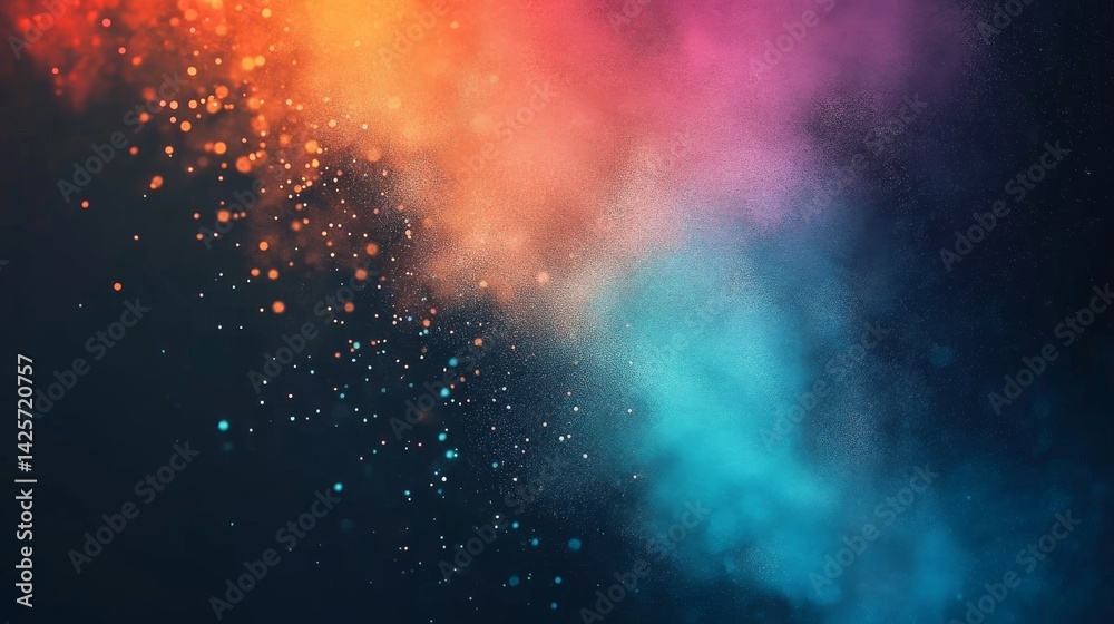 Naklejka premium Colorful powders are explosively released into the air, forming a vivid cloud of hues in a festive environment. The event takes place outdoors during a warm sunset, enhancing the atmosphere