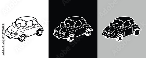 Vintage Car with Gift Bow - Black and White Illustration, skull and crossbones, stylized illustration of a vintage car with a large gift bow on the hood.