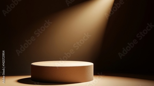 Elegant Brown Cylindrical Podium Illuminated by Spotlight Perfect for Product Display or Mockups