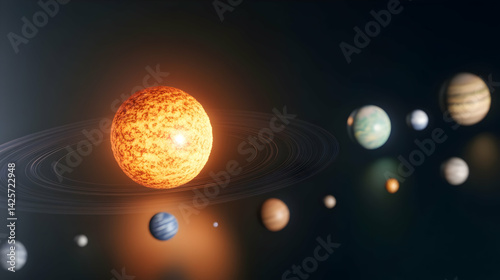 3D render of a planetary system displaying cosmic wonders and galactic scale