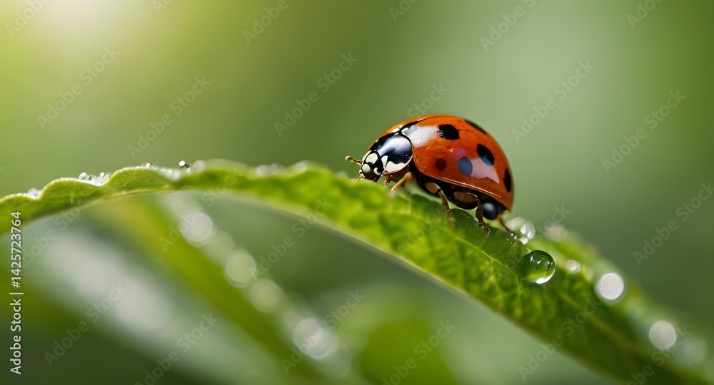 Naklejka premium Ladybird on a leaf and green background