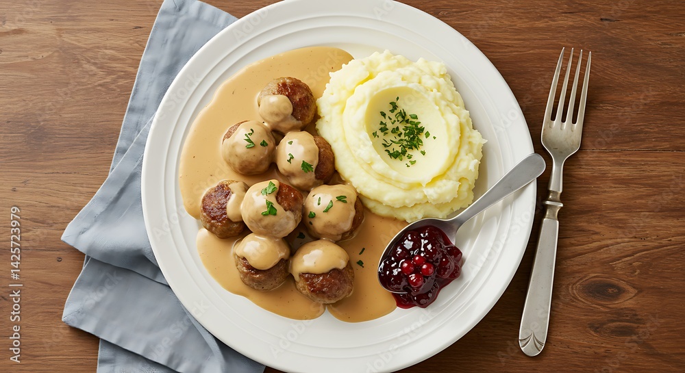 Hearty serving of Swedish meatballs with mashed potatoes and lingonberry jam Hearty serving of Swedish meatballs with mashed potatoes and lingonberry jam