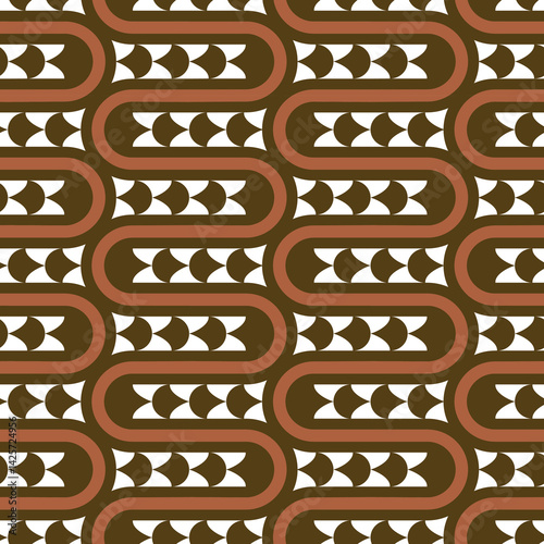 seamless pattern design features a retro geometric style with curved lines and shapes in brown, orange, and white, creating a repetitive and stylish motif