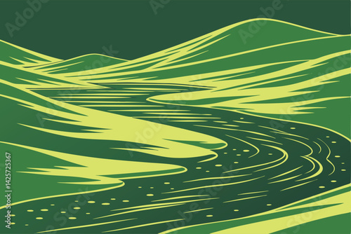 Green Stylized Landscape with Rolling Hills and Winding River Fragile Ecosystem Illustration