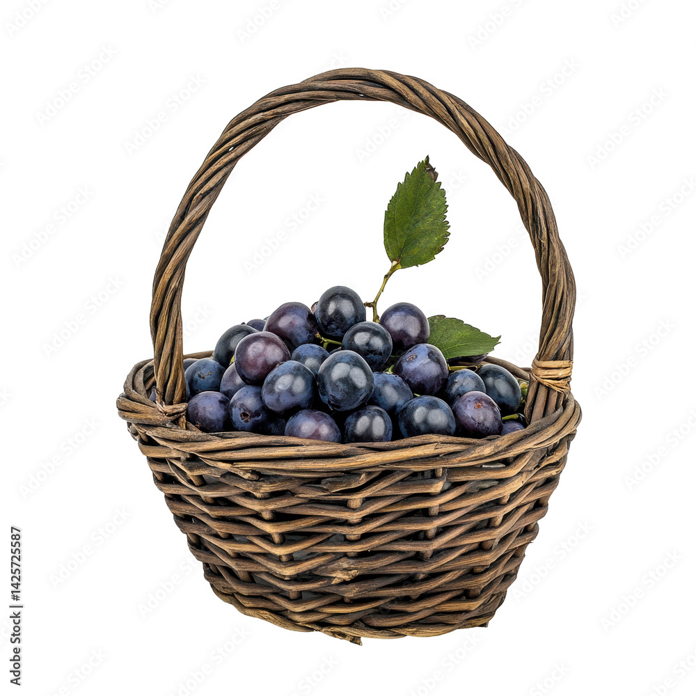 Fototapeta premium Freshly harvested grapes in a rustic wicker basket on a white background for culinary use and decoration