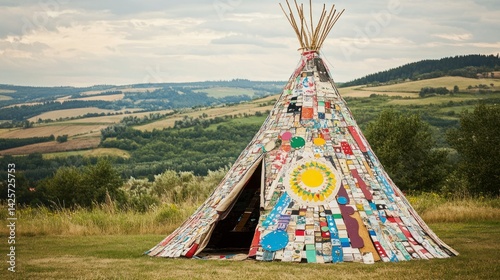 Colorful recycled-material teepee stands on grassy hilltop overlooking rolling green landscape under cloudy sky.