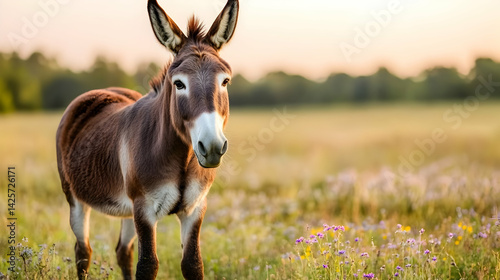 A serene donkey standing in a wildflower meadow during the golden hour light