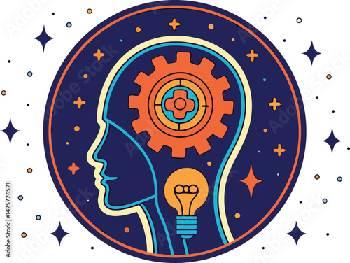 Futuristic Digital Illustration of a Human Head with Thinking Gears Innovation & AI Concept Art