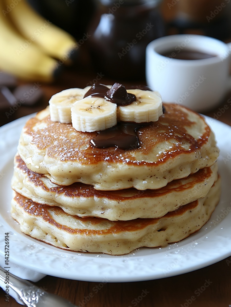 Stacked Pancakes, Bananas, Chocolate Stacked Pancakes, Bananas, Chocolate