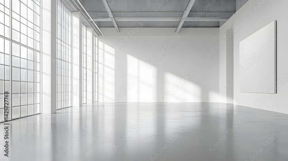 Fototapeta premium Art gallery interior with natural light minimalist design white background modern space