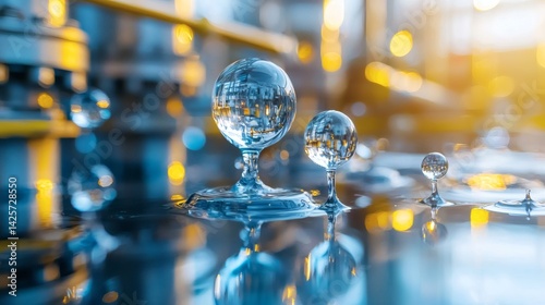 H2 bubbles replacing smoke from factory chimneys in a metaphorical scene conceptual photography Stock Photo with side copy space