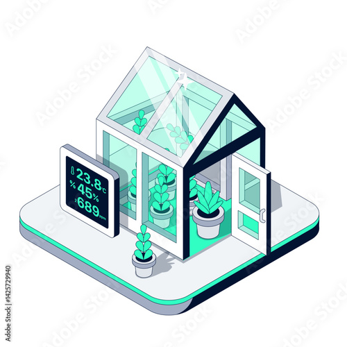 Smart Greenhouse with real-time Climate Monitoring. Fresh plants thrive in a controlled eco-environment. Modern technology meets sustainable gardening. Isometric Vector illustration