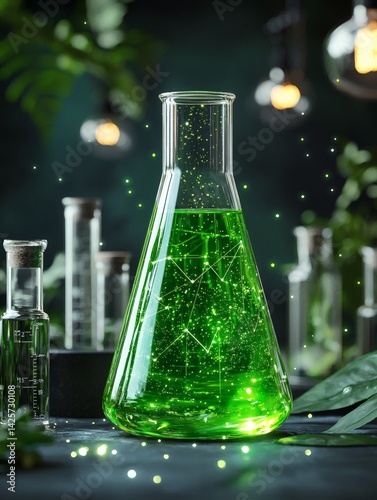 green energy lab with floating H2 data symbols and light particles conceptual photography Stock Photo with side copy space