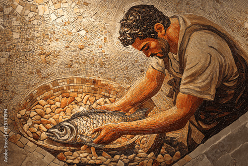 Ancient Roman Mosaic Depicting a Man Cooking a Fish in Classical Style with Historical and Mediterranean Theme