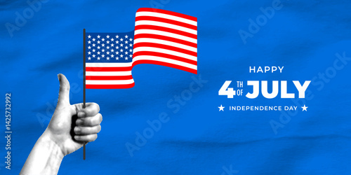 Halftone hand holding US flag. Happy 4th of July Banner. USA Independence Day. Modern collage