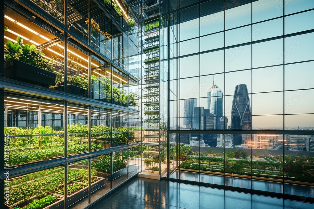 Modern interior with multi-tiered vertical farm and panoramic city skyline view Modern interior with multi-tiered vertical farm and panoramic city skyline view