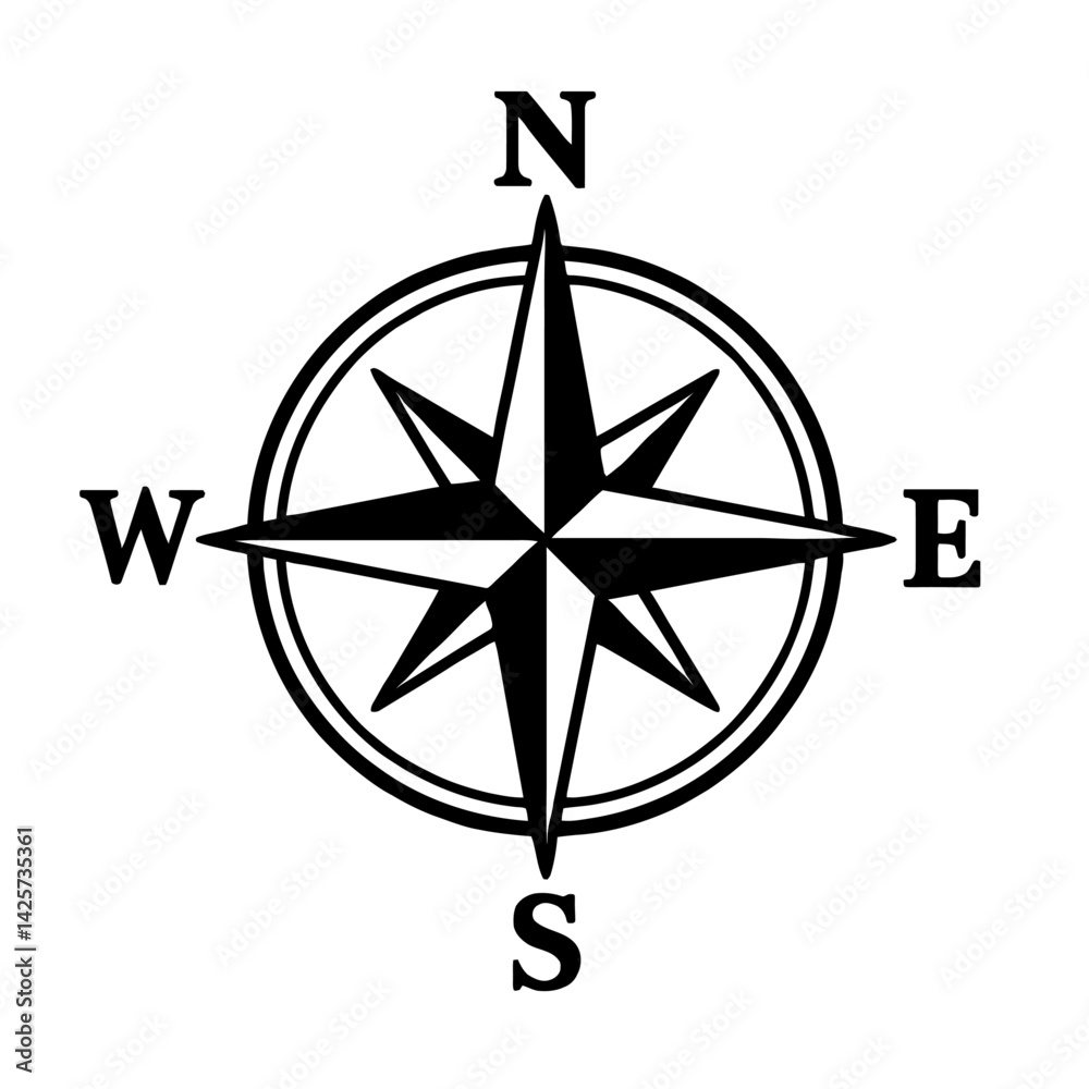 Naklejka premium Vector illustration of a classic compass rose in black and white, showing the cardinal directions (North, East, South, West). Represents navigation, direction, travel, and a simple graphic.