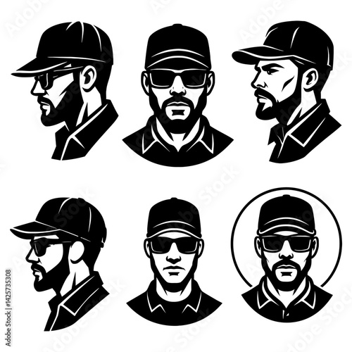 Vector set of six black and white illustrations of men wearing baseball caps and sunglasses, shown in front and profile views. Represents casual style, fashion accessories, and male figures.