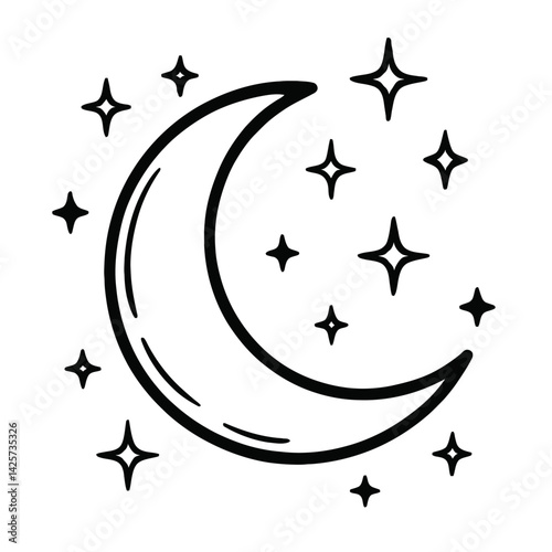 Vector illustration of a crescent moon with several four-pointed stars in a simple black and white line art style. Represents night, celestial bodies, dreams, and a minimalist graphic.