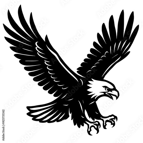 Vector illustration of a bald eagle in flight with outstretched wings and sharp talons, depicted in black and white. Represents freedom, power, and a majestic graphic style.