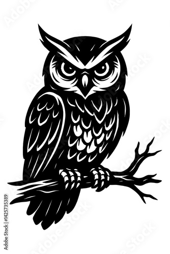 Vector illustration of a horned owl perched on a bare branch in black and white with detailed feathering. Represents wildlife, birds, wisdom, and a graphic style.
