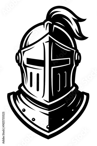 Vector illustration of a knight's helmet in black and white with visor detail and plume. Represents medieval history, chivalry, warriors, and a bold graphic style.