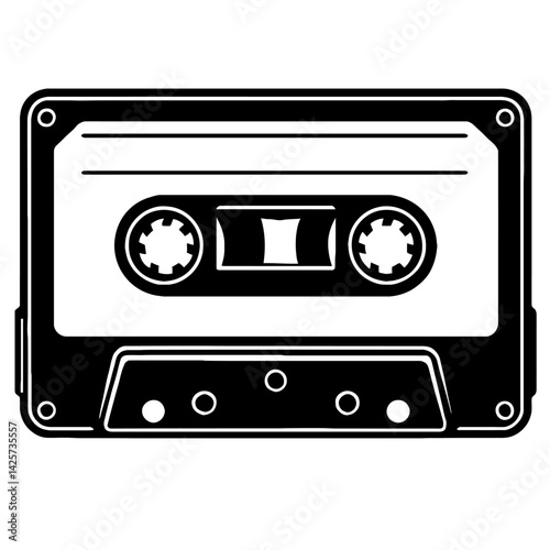 Vector illustration of a classic audio cassette tape in black and white. Represents retro music, vintage technology, and audio storage.