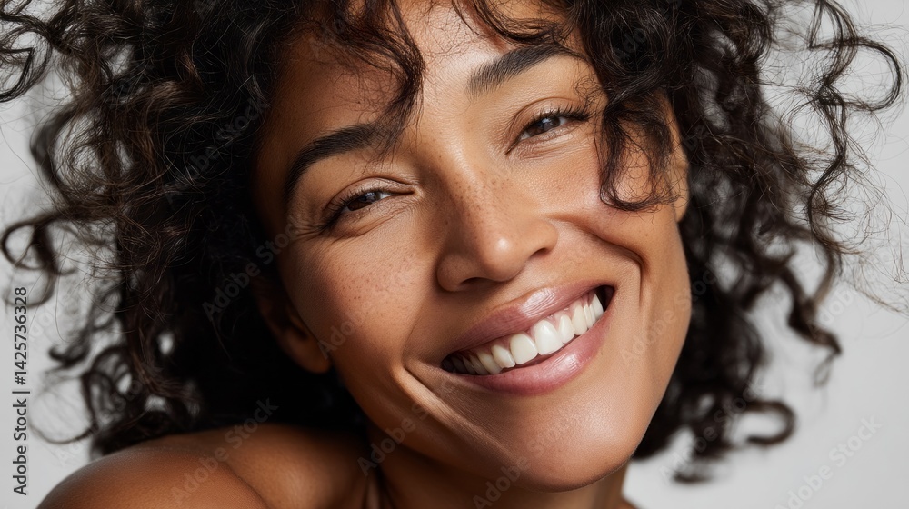 Bright and cheerful, a woman with natural curls showcases her glowing skin as she enjoys a moment of self-care. Her warm smile radiates confidence and joy, captured in a tranquil atmosphere Bright and cheerful, a woman with natural curls showcases her glowing skin as she enjoys a moment of self-care. Her warm smile radiates confidence and joy, captured in a tranquil atmosphere