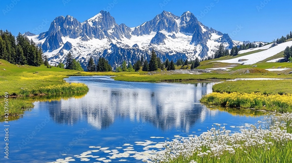 Obraz premium Picturesque alpine lake reflecting snow-capped peaks