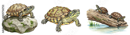 Freshwater turtles climbing rocks and swimming near pond, watercolour clipart illustration collection isolated on a transparent background