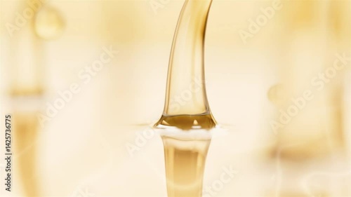 Golden beauty essence ball molecule, essence containing ginseng elements. Anti-aging and anti-wrinkle, firm and elastic skin, concept skin care beauty serum. Cosmetics advertising, 3D animation.