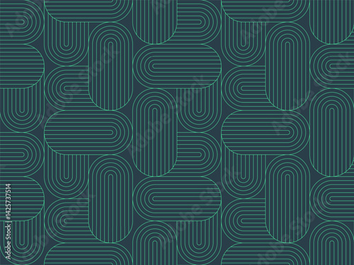 Bauhaus style outline art seamless pattern vector turquoise abstract background. Trendy fashionable linear geometric vintage art deco motif repetitive wallpaper. Line art graphic endless illustration