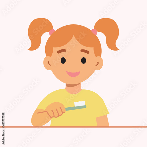 dentalcare kids,a girl is shown brushing his teeth with a toothbrush and holding toothpaste in his hand, promoting daily dental hygiene. Ideal for health education,or dental awareness campaigns.