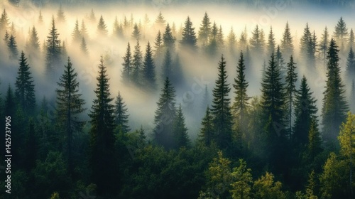 Forest with tall trees covered in fog and sunlight shining through the branches.