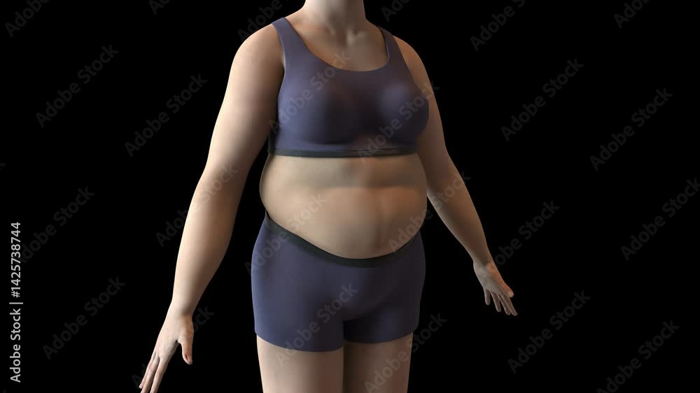 Woman getting fat and gaining weight, junk food and overeating leading to obesity, excess fat, from slim figure to overweight figure, 3D animation.