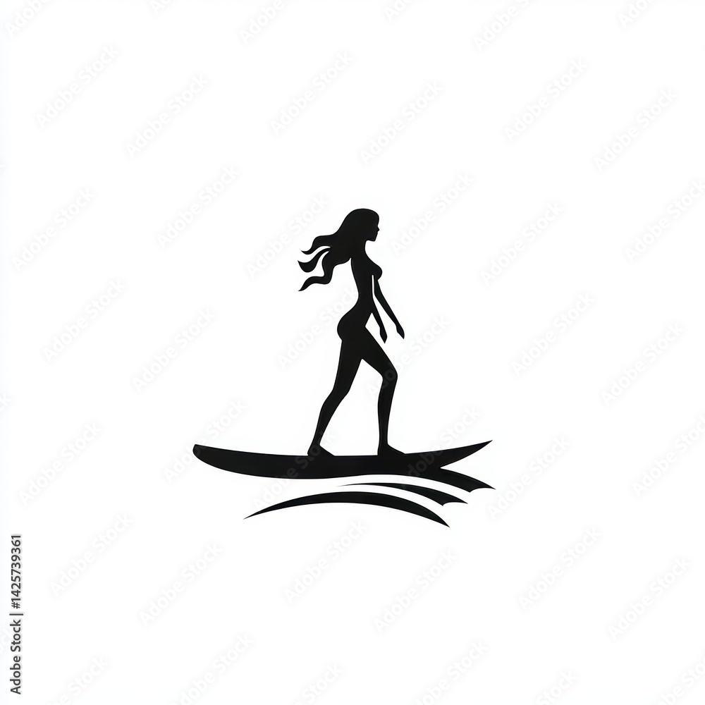 A horizontal summer banner in modern flat style illustration, incorporating copy space for text, features a girl surfing on an ocean wave A horizontal summer banner in modern flat style illustration, incorporating copy space for text, features a girl surfing on an ocean wave