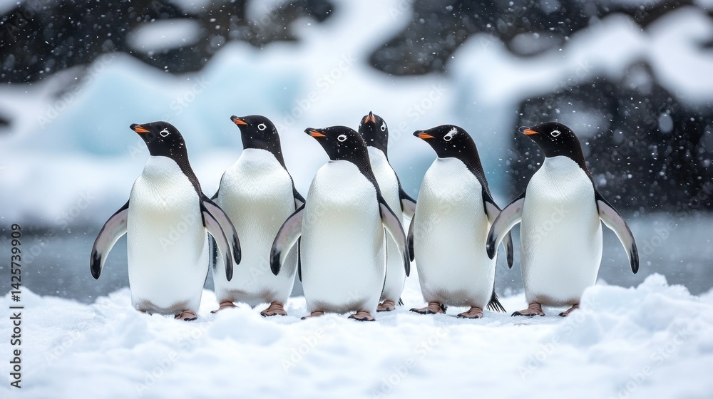 Fototapeta premium Gentoo penguins in snowy landscape